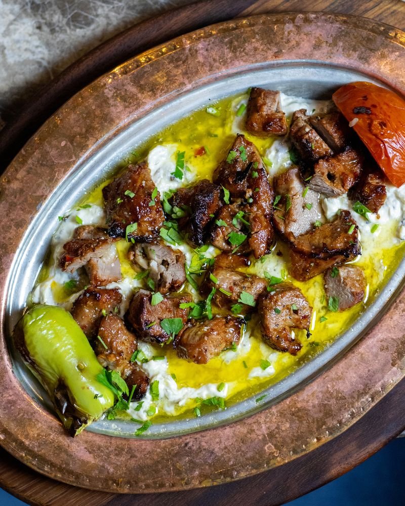 Ali Nazik — charcoal-grilled lamb over smoked aubergine and garlic yoghurt