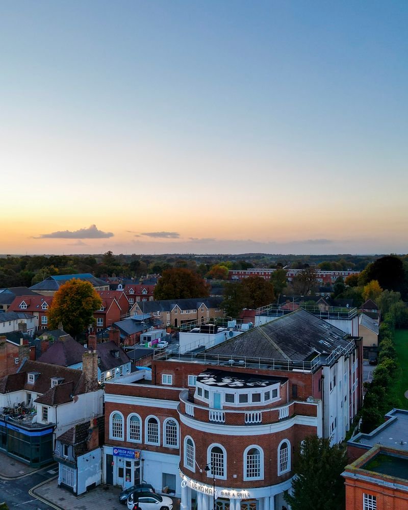 Newmarket High Street at dusk photographed from above